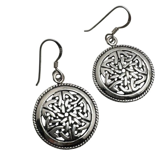 Celtic Knot Vintage Sterling Silver Round Dangle Earrings Intricate Detailing - Picture 1 of 8